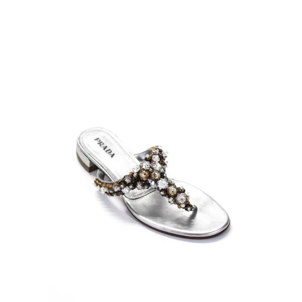 Prada Womens Jeweled Beaded Flip Flops Sandals Flats Silver Size EUR 35.5